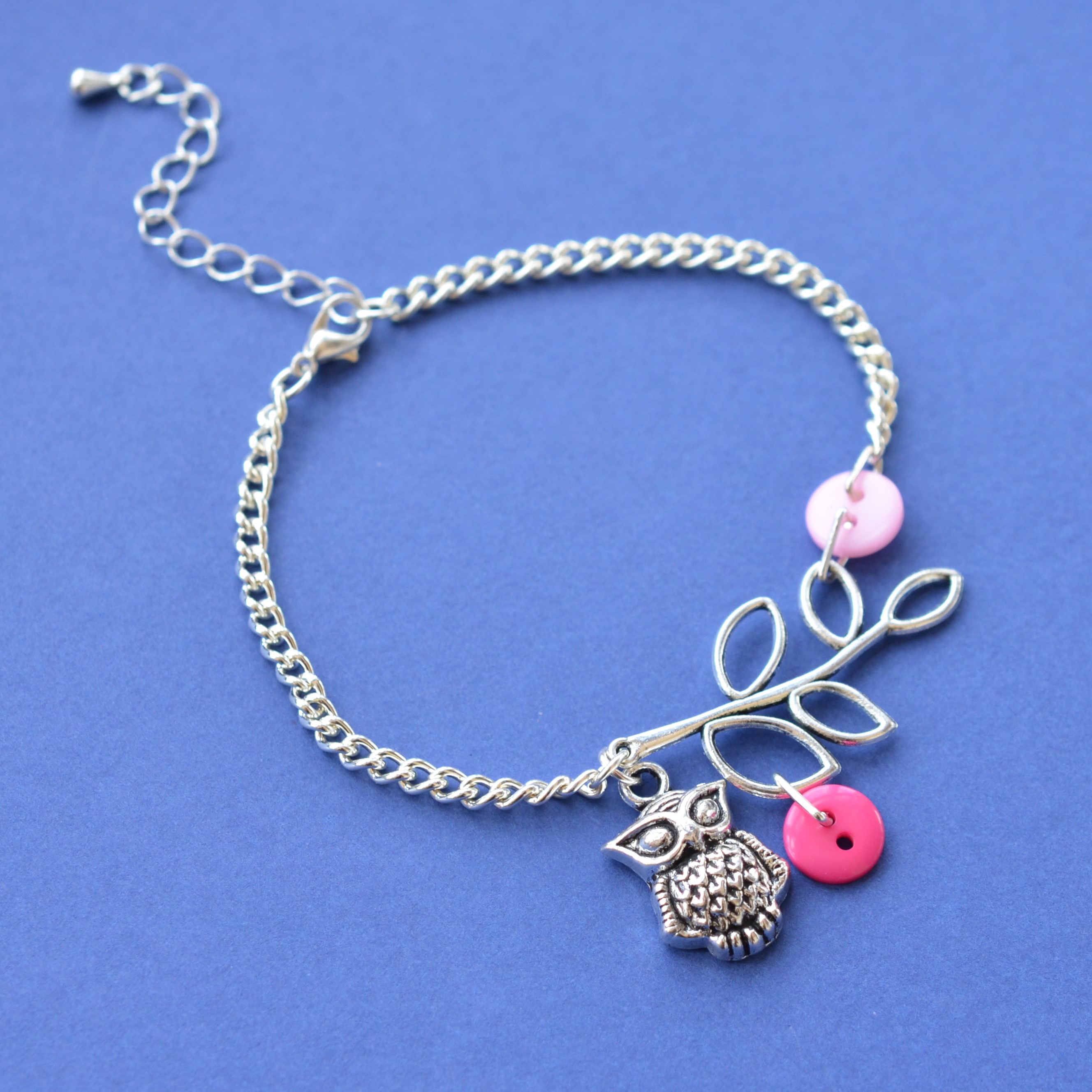 Pink Owl & Leaves Bracelet