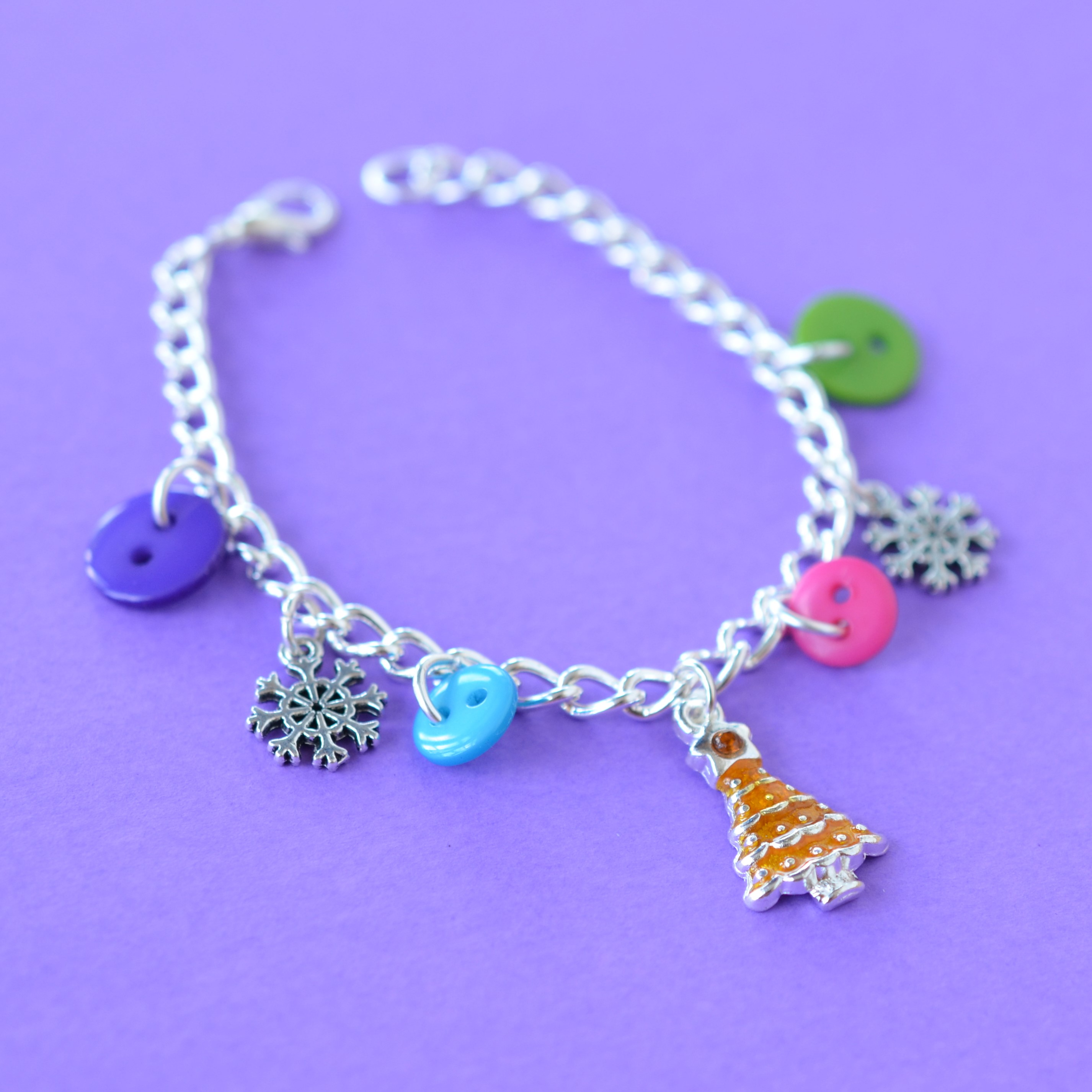 Christmas Tree Children's Festive Button Charm Bracelet Available in Choice of Colours