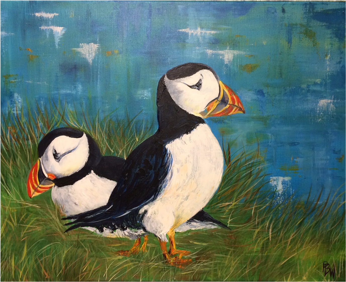 Puffins - an original painting on canvas of a pair just back from fishing