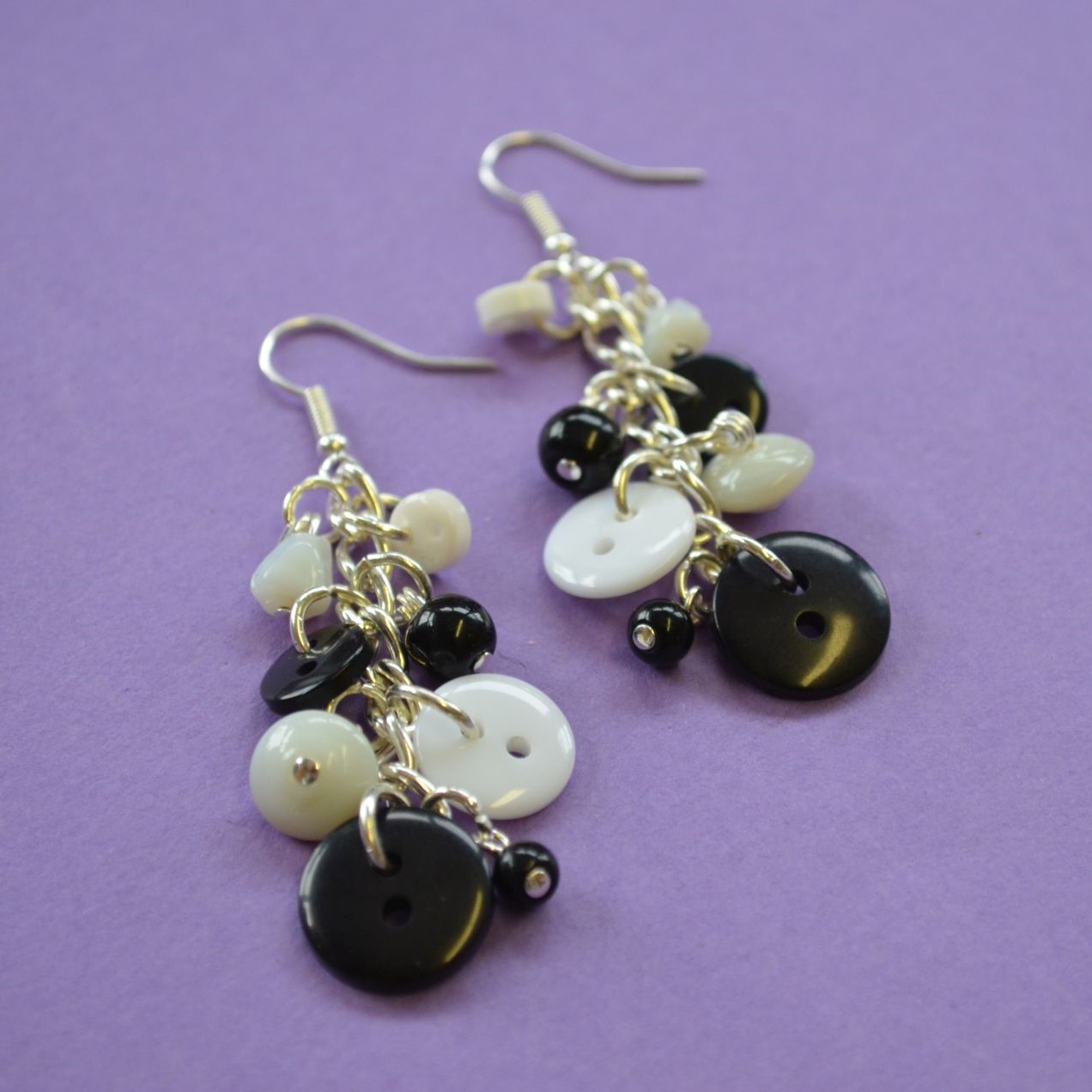 Black & White Button & Bead Earrings