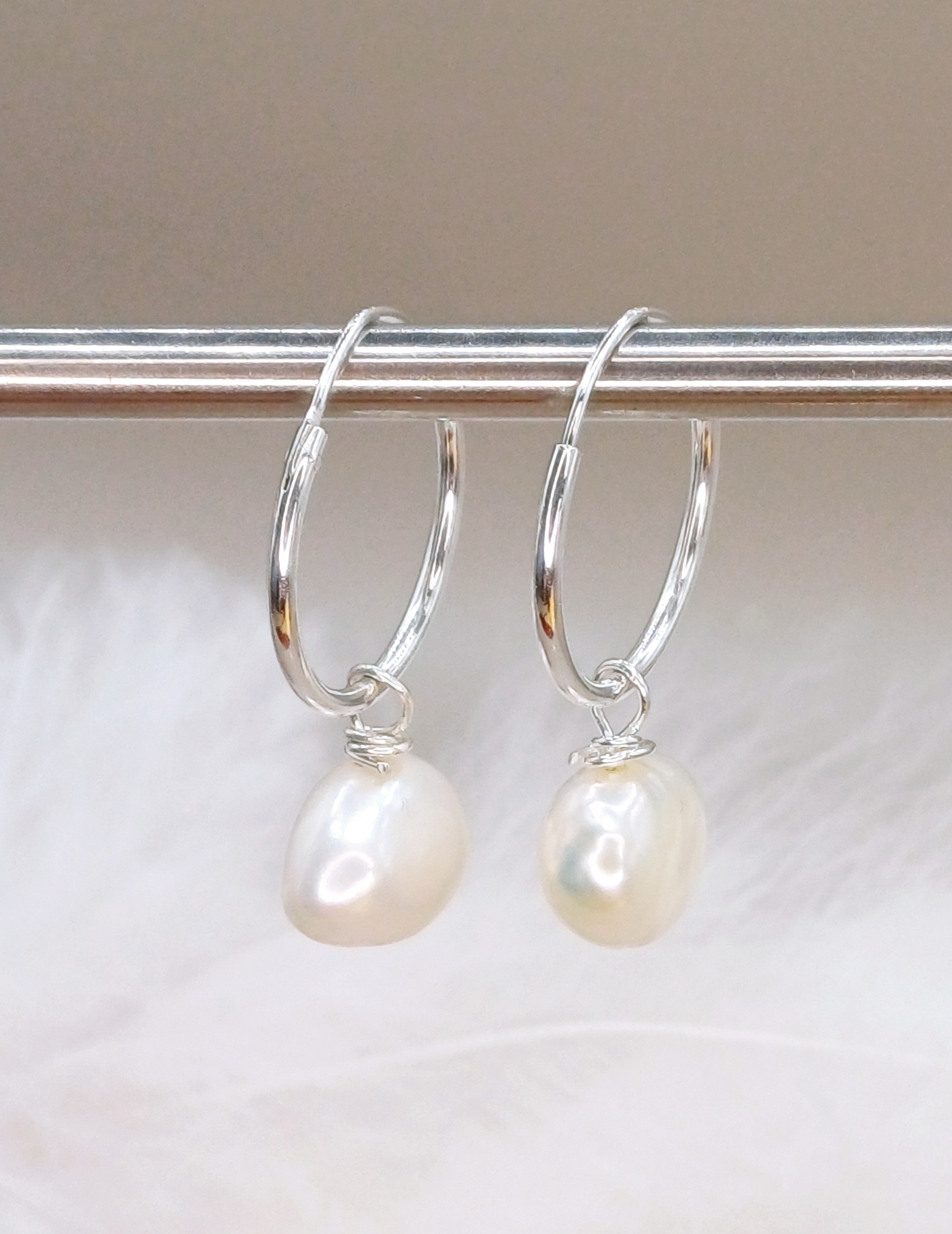 EARRINGS - Sterling Silver Pearl Hoop Earrings