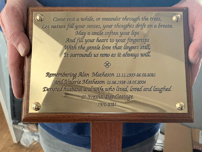 Brass tree stake memorial plaque engraved and filled black enamel on hardwood stake mount