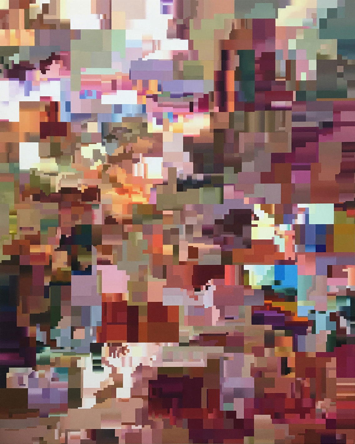 Oil painting by artist and painter Paul Lemmon in strong colours of olive, brown and wine depicting a pixelated frame from a glitched digital video