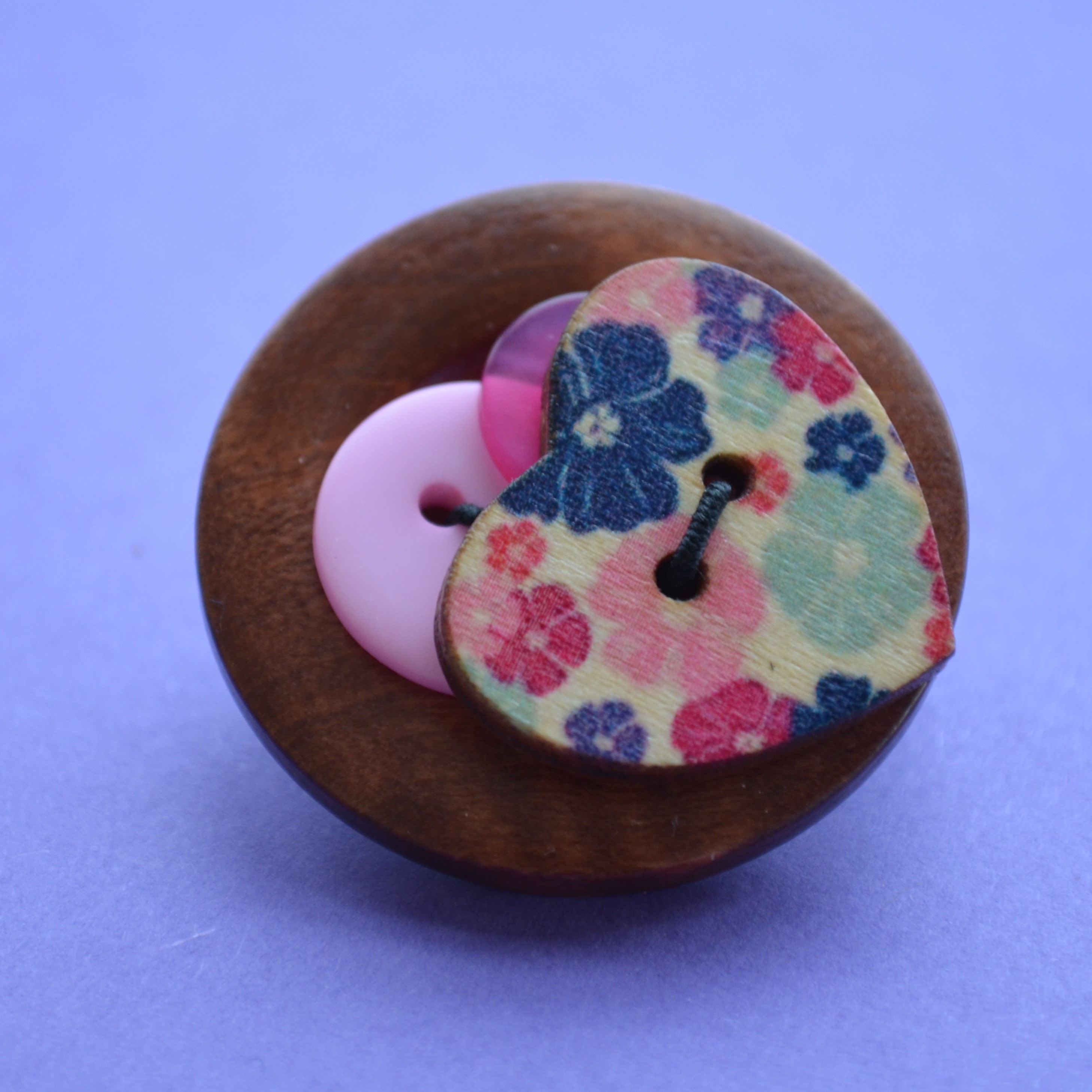 Heart Wooden Button Brooch