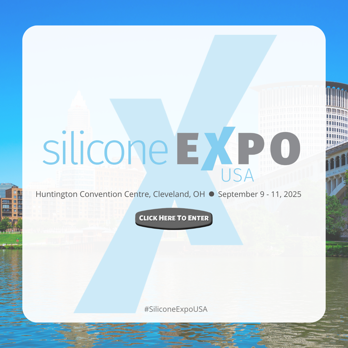 Silicone Expo USA logo. Held at Huntington Place, Detroit on October 4th and 5th 2023. Grey button with white text 'click here to enter'..