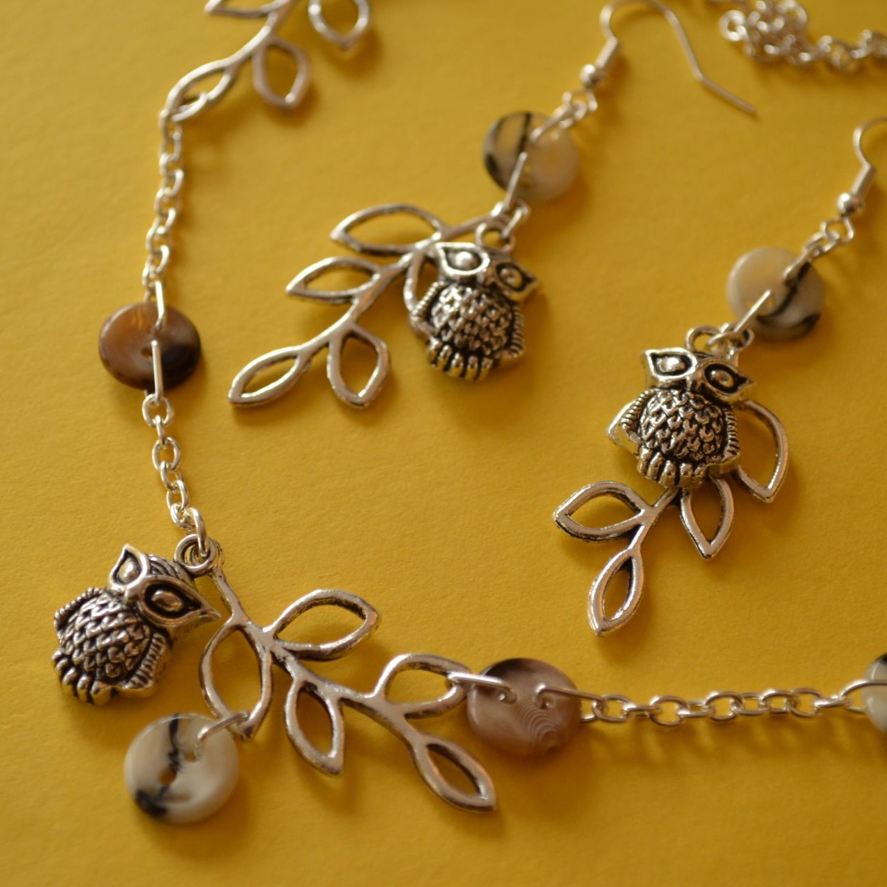 Brown Owl & Leaves Necklace