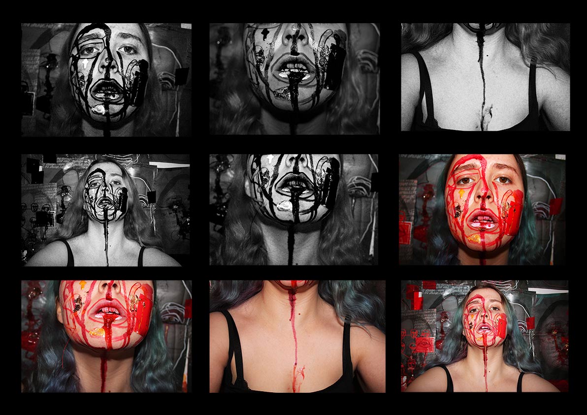 A panel of 9 frames from a stop motion animation. Features 5 black and white  and 4 colour images
