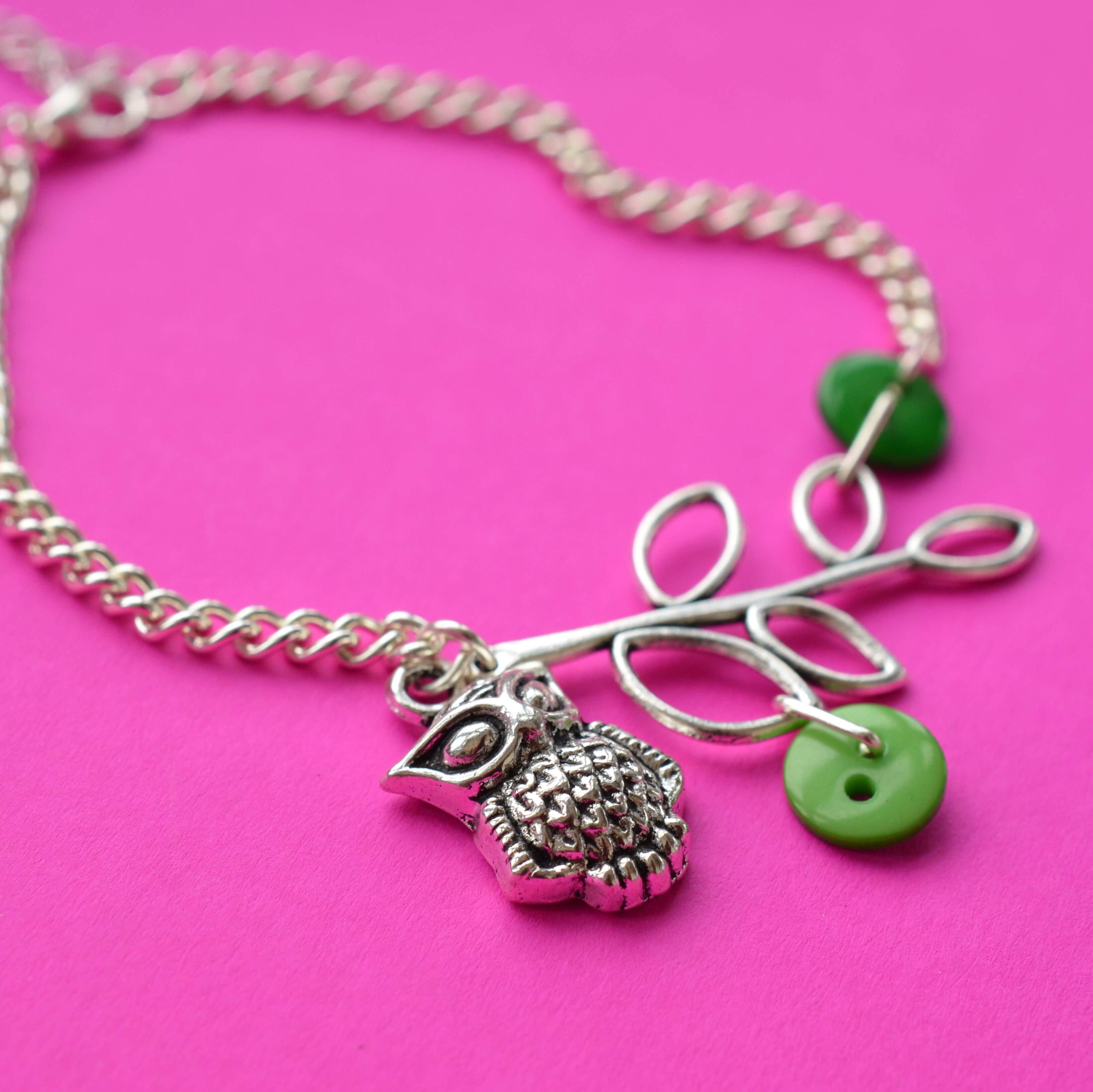 Green Owl & Leaves Bracelet