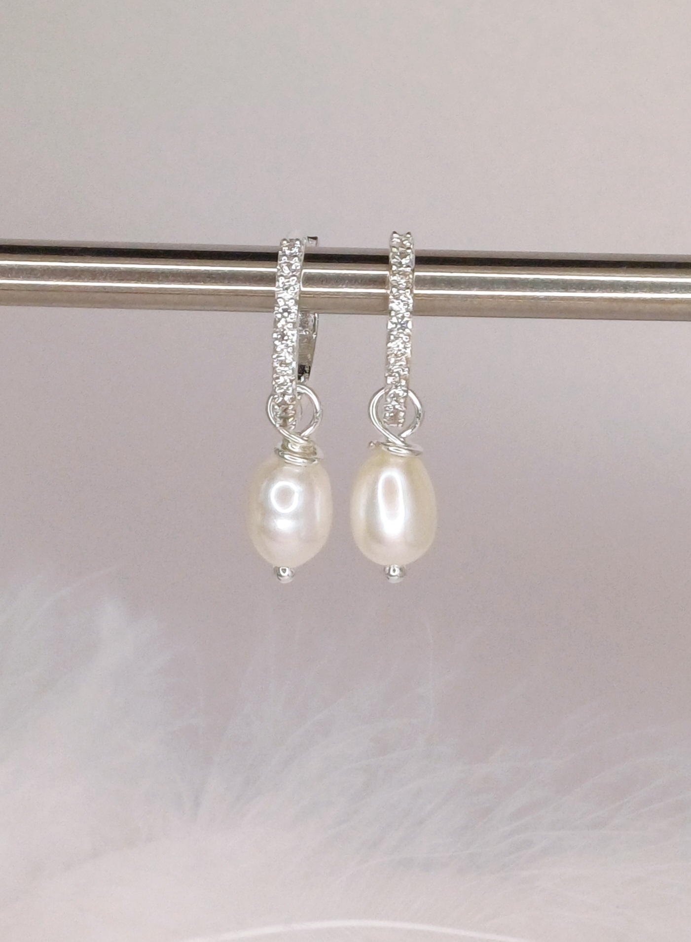 Silver Sparkly Huggie Hoops with Pearl Charms