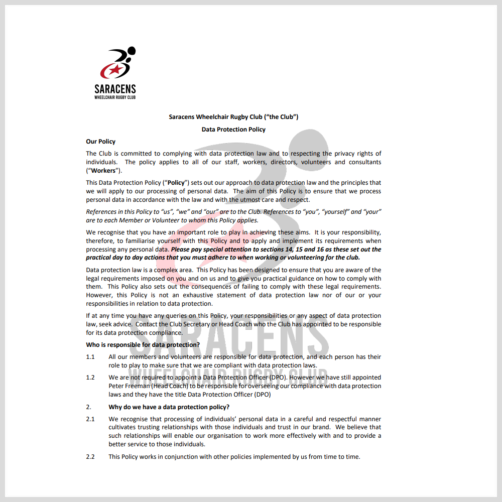 Data Protection Policy - Saracens Wheelchair Rugby Club