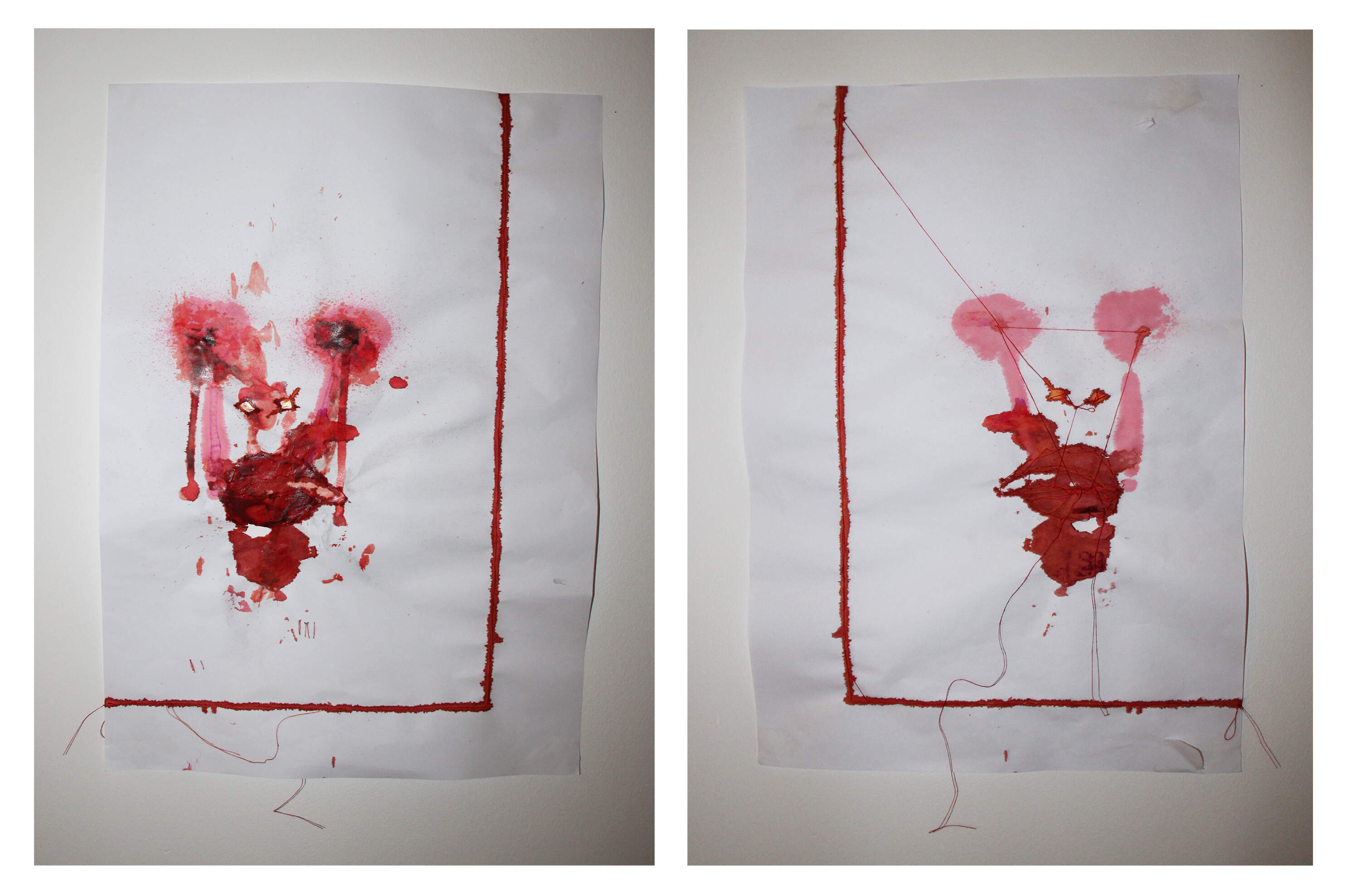 A3 front and back of an abstracted portrait using red inks and threads