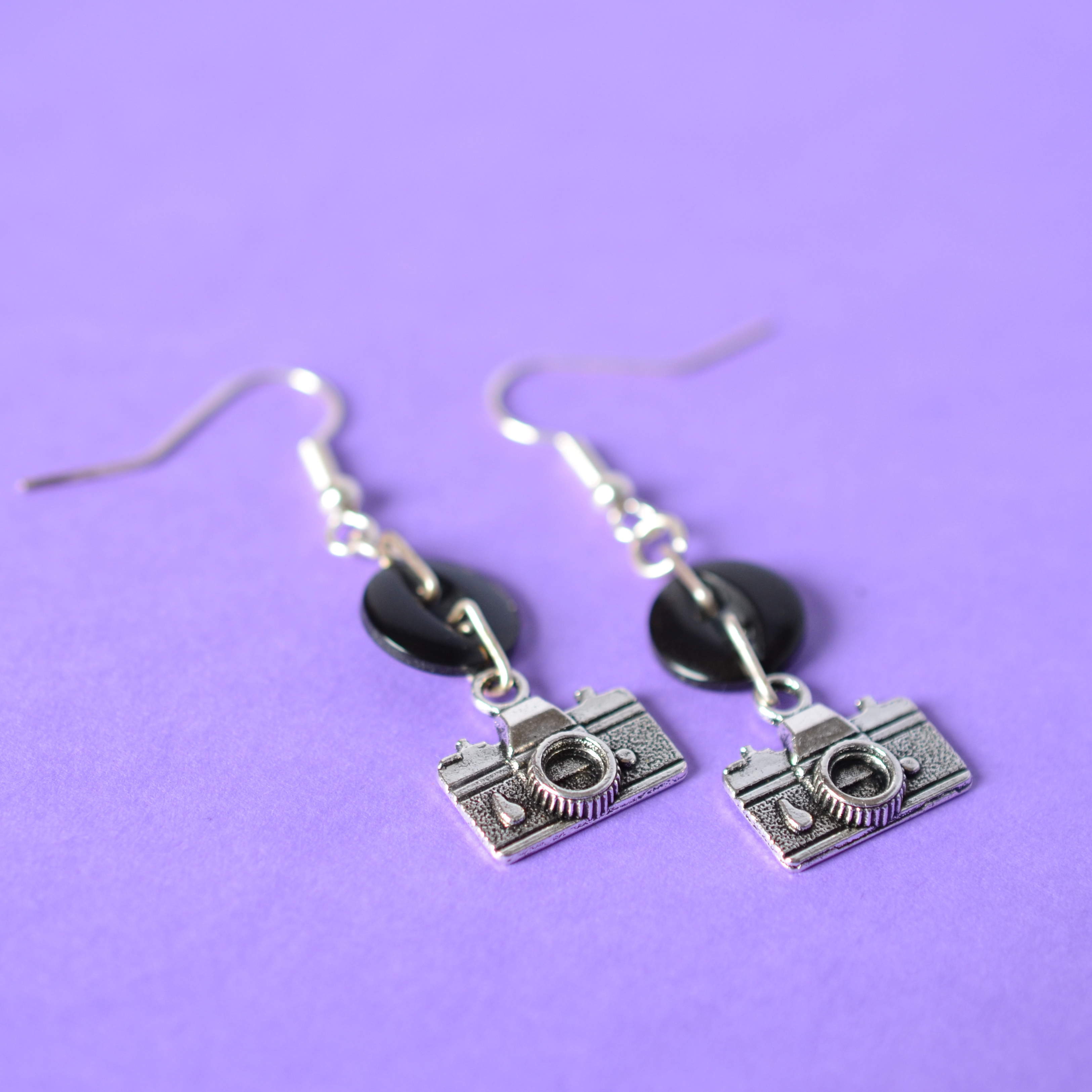 Camera One Button Charm Earrings