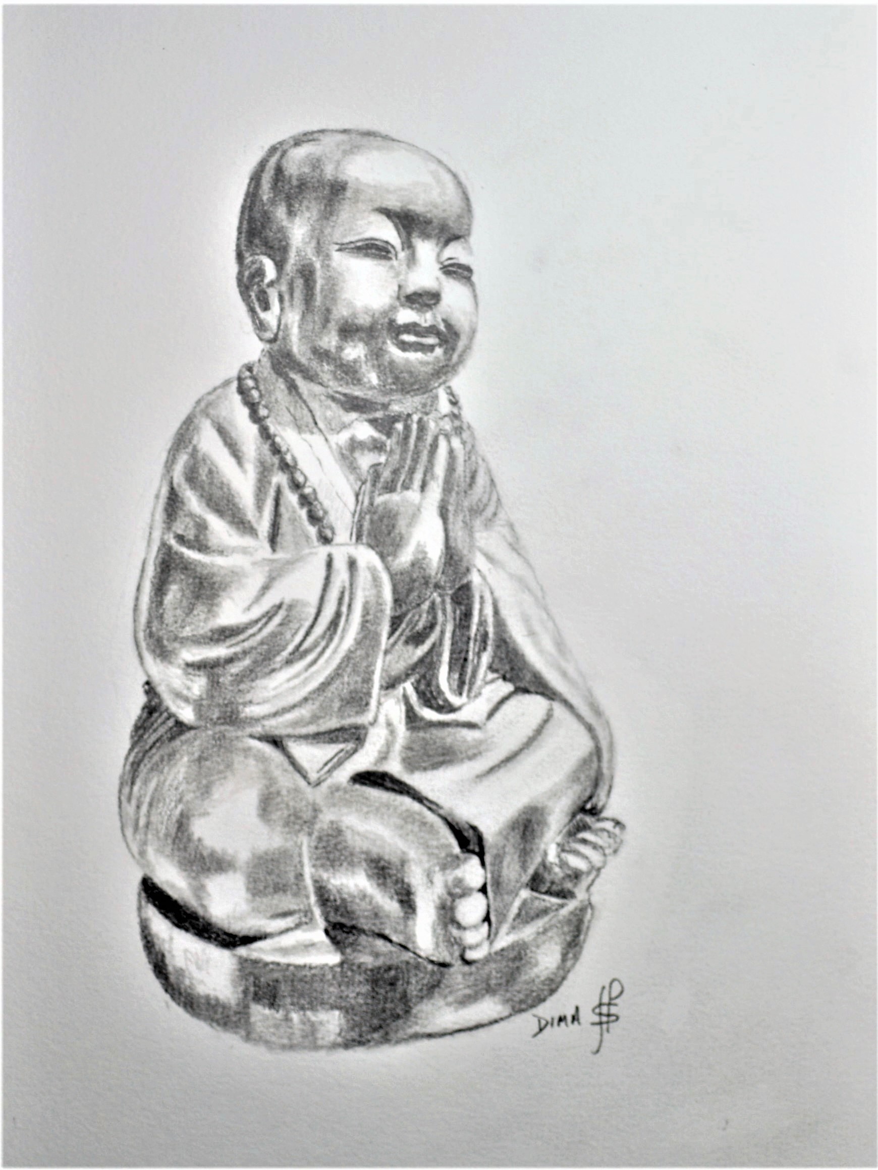 Drawing of a shiney garden Budha. Graphite on white HP 300gsm paper.