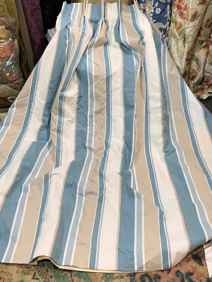Various Cream/Blue striped Pinch Pleat Interlined Curtains