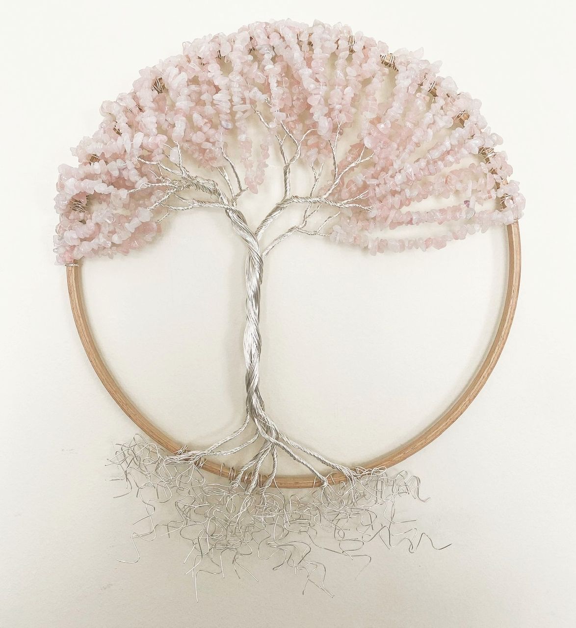 Rose Quartz and silver wire wall art tree of life