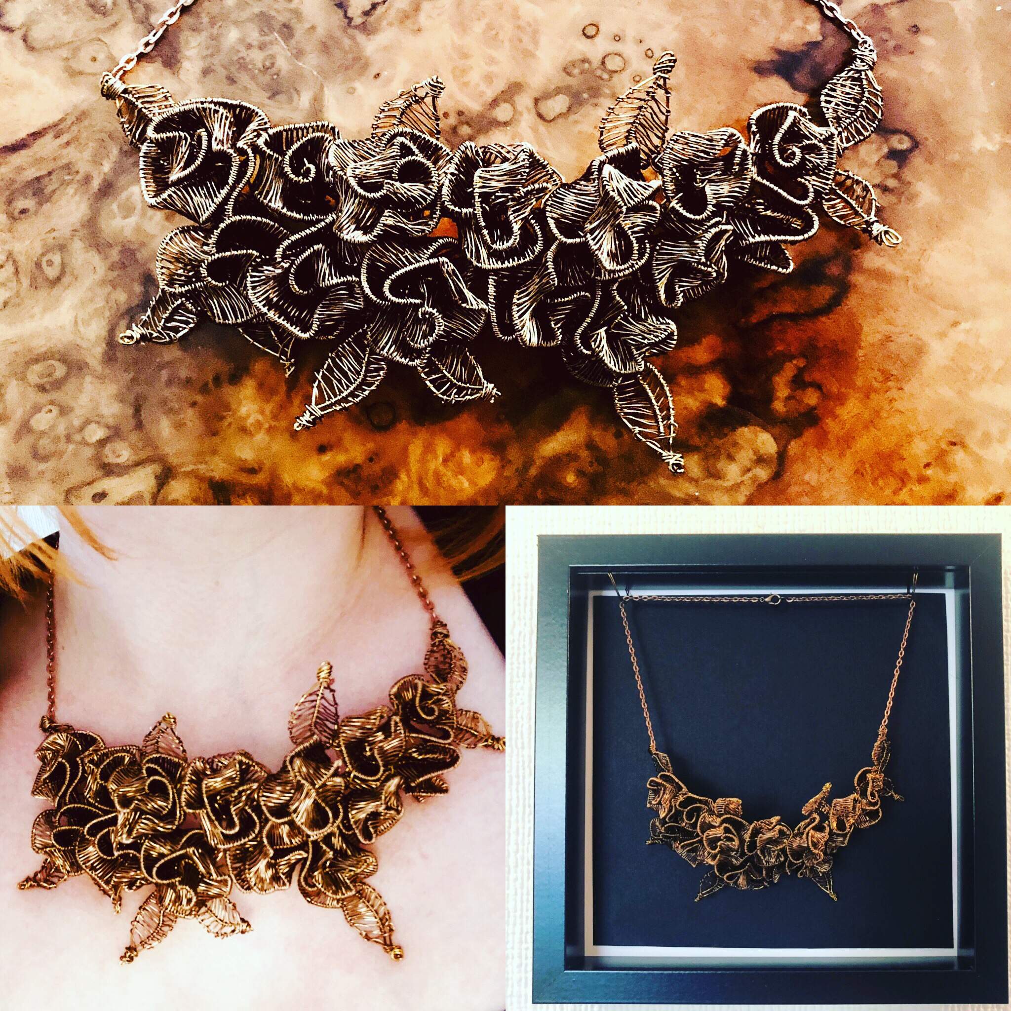 Wearable Art Necklace made from Antique Bronze wire wrapped roses with leaves - hung in a frame when not being worn