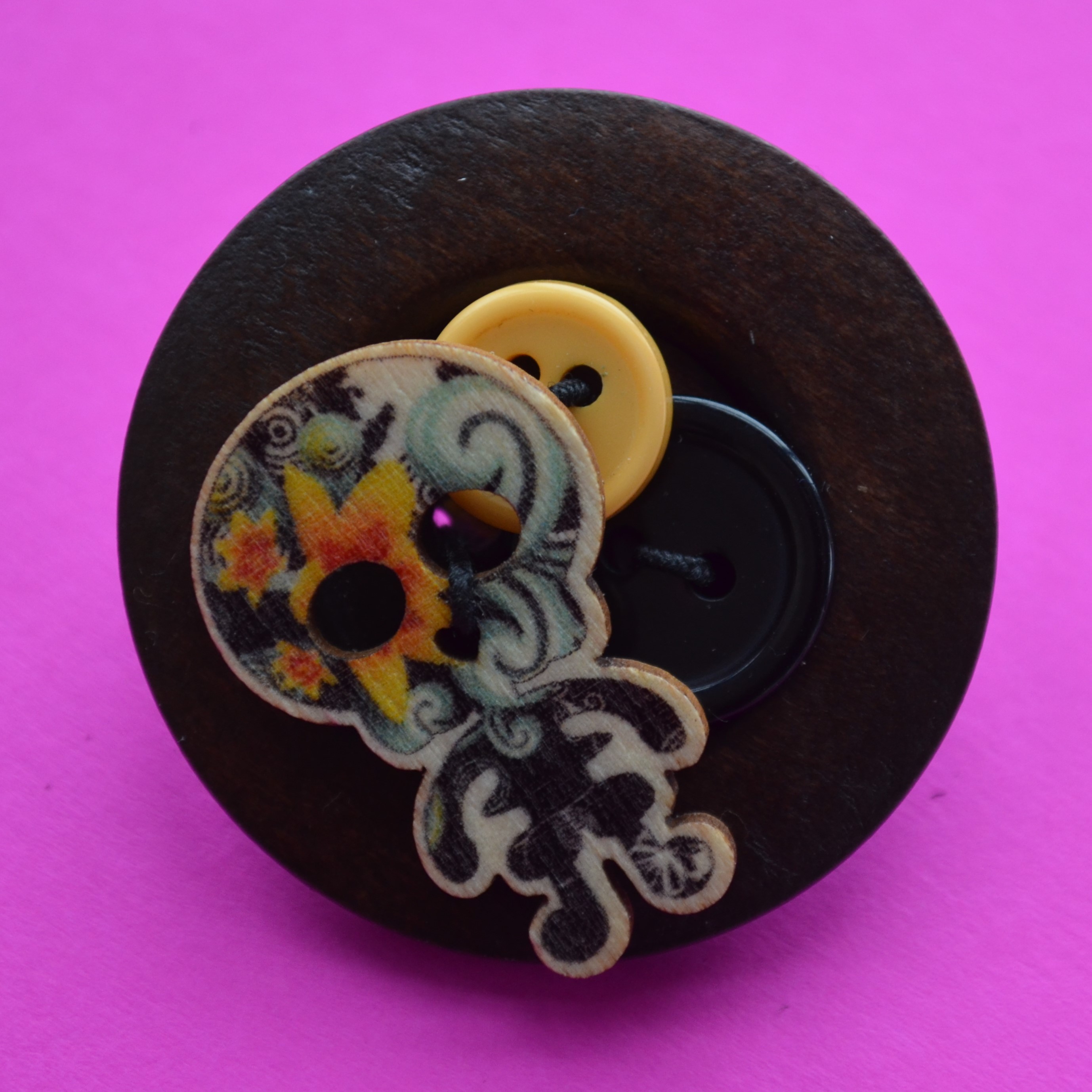 Skeleton Wooden Button Brooch