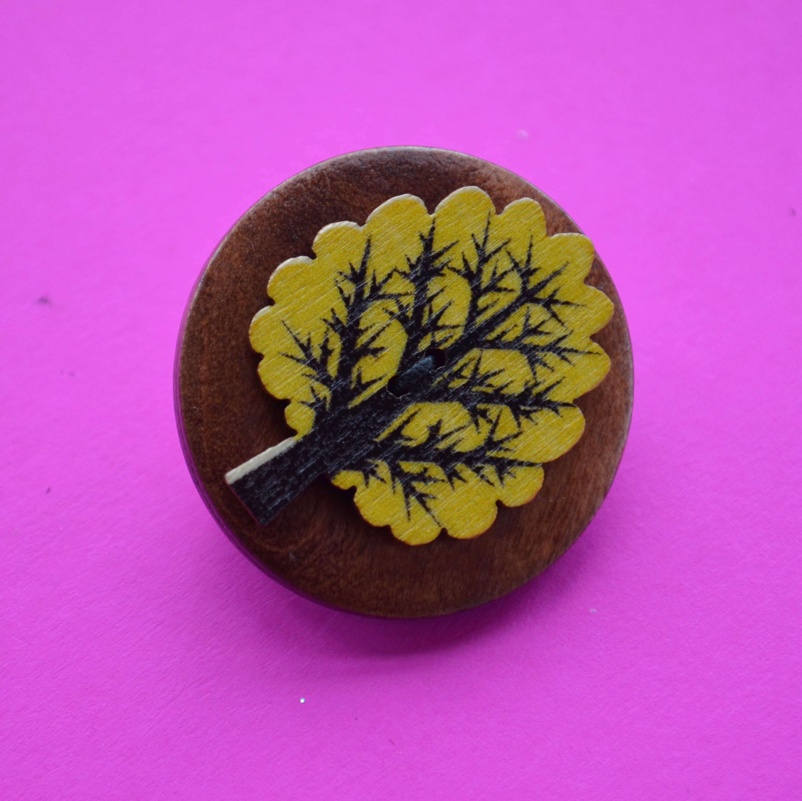 Tree Wooden Button Brooch