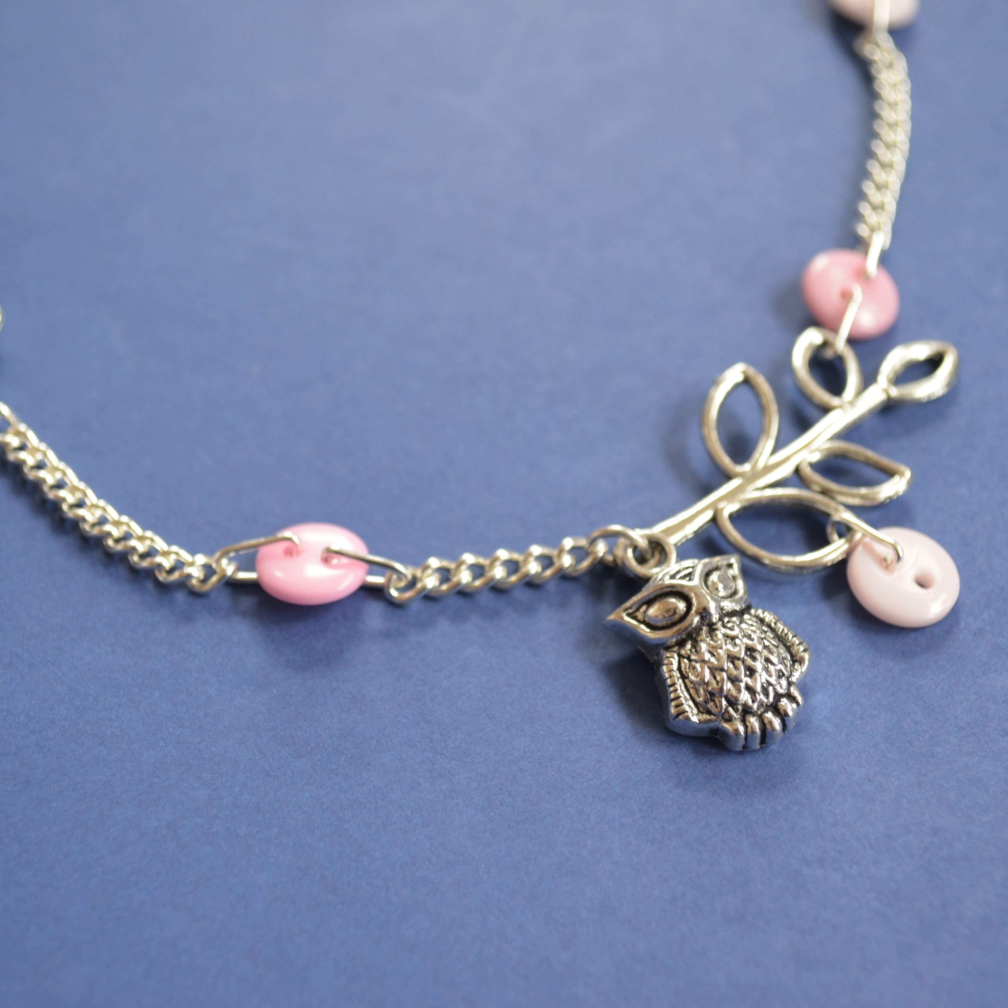 Pink Owl & Leaves Necklace