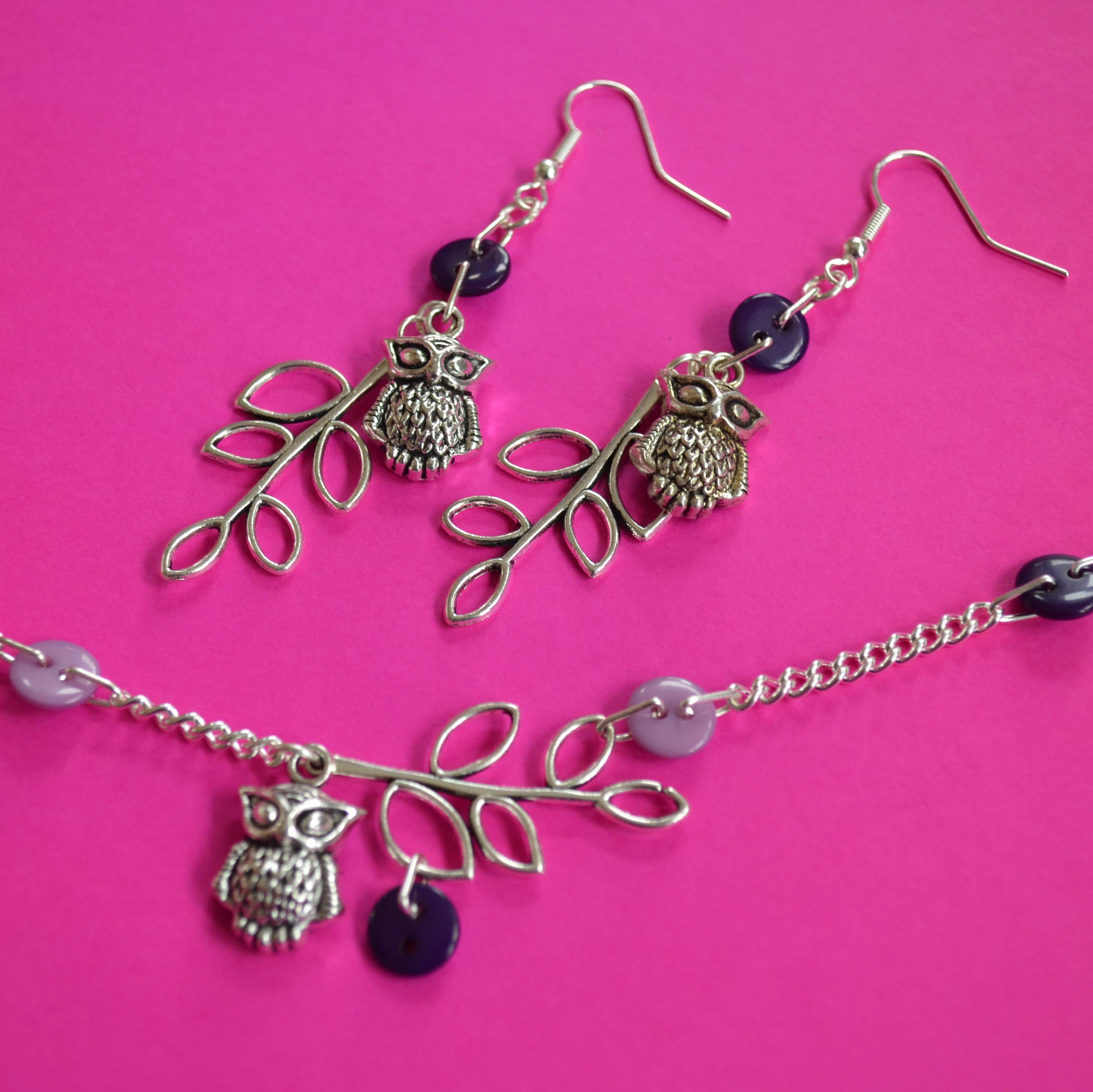 Purple Owl & Leaves Necklace