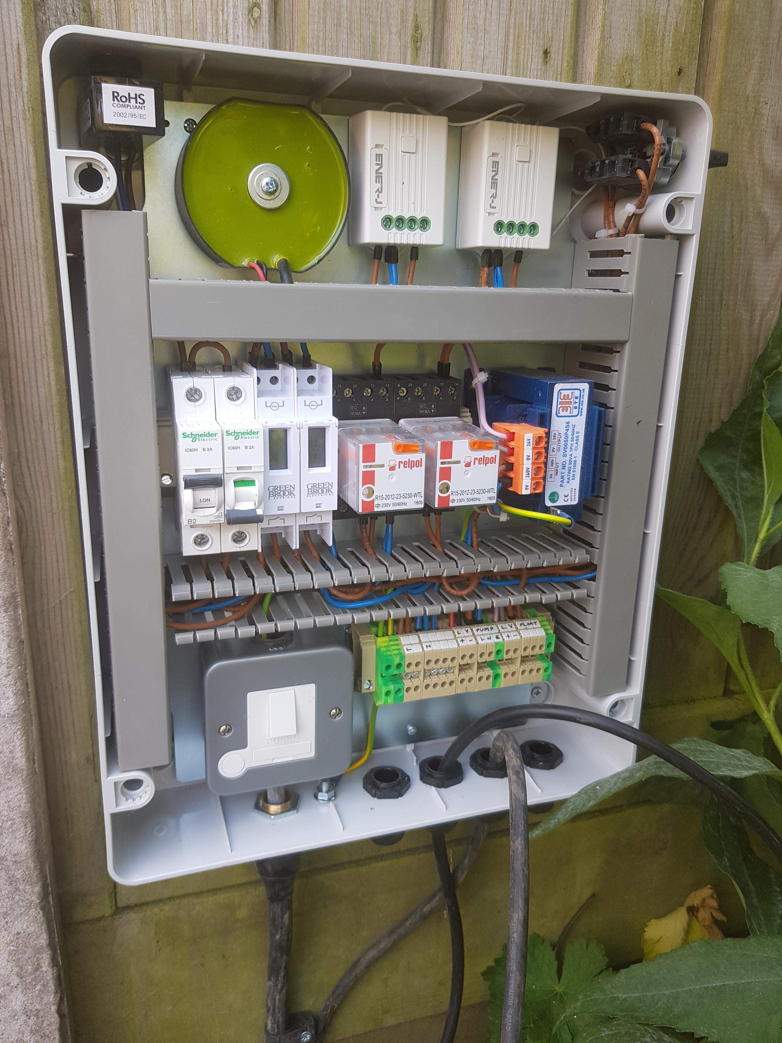 Garden lighting and pond wiring panel using photocell, timer and RF switching control