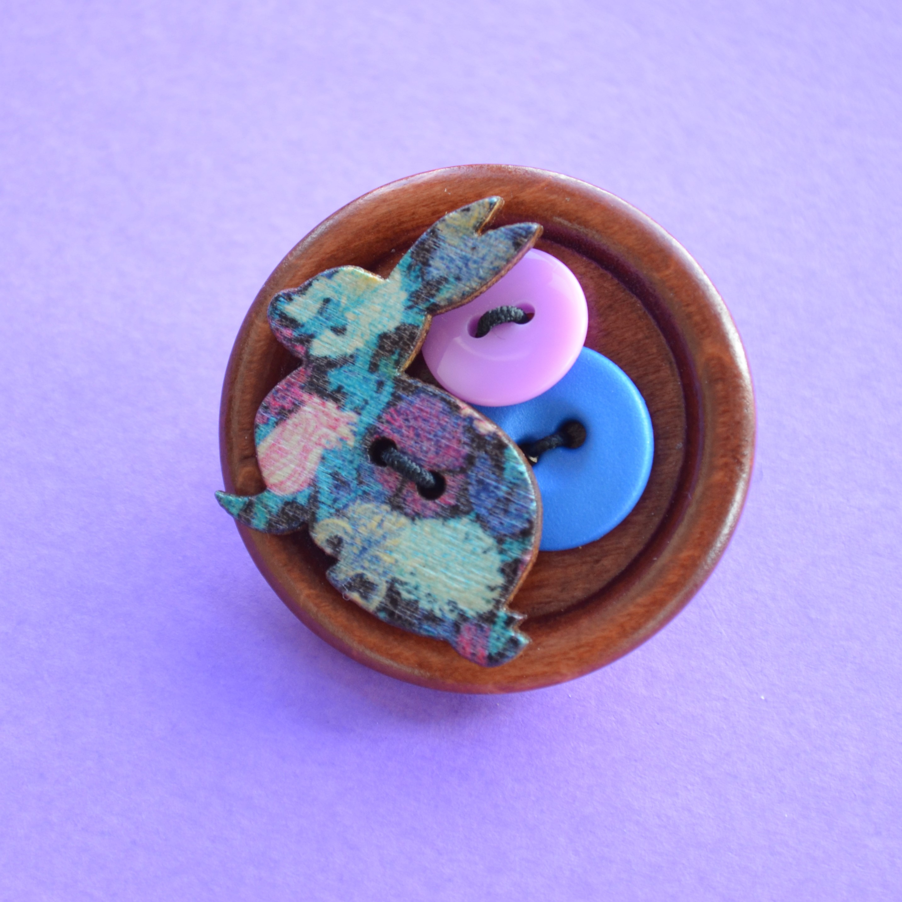 Rabbit Wooden Button Brooch
