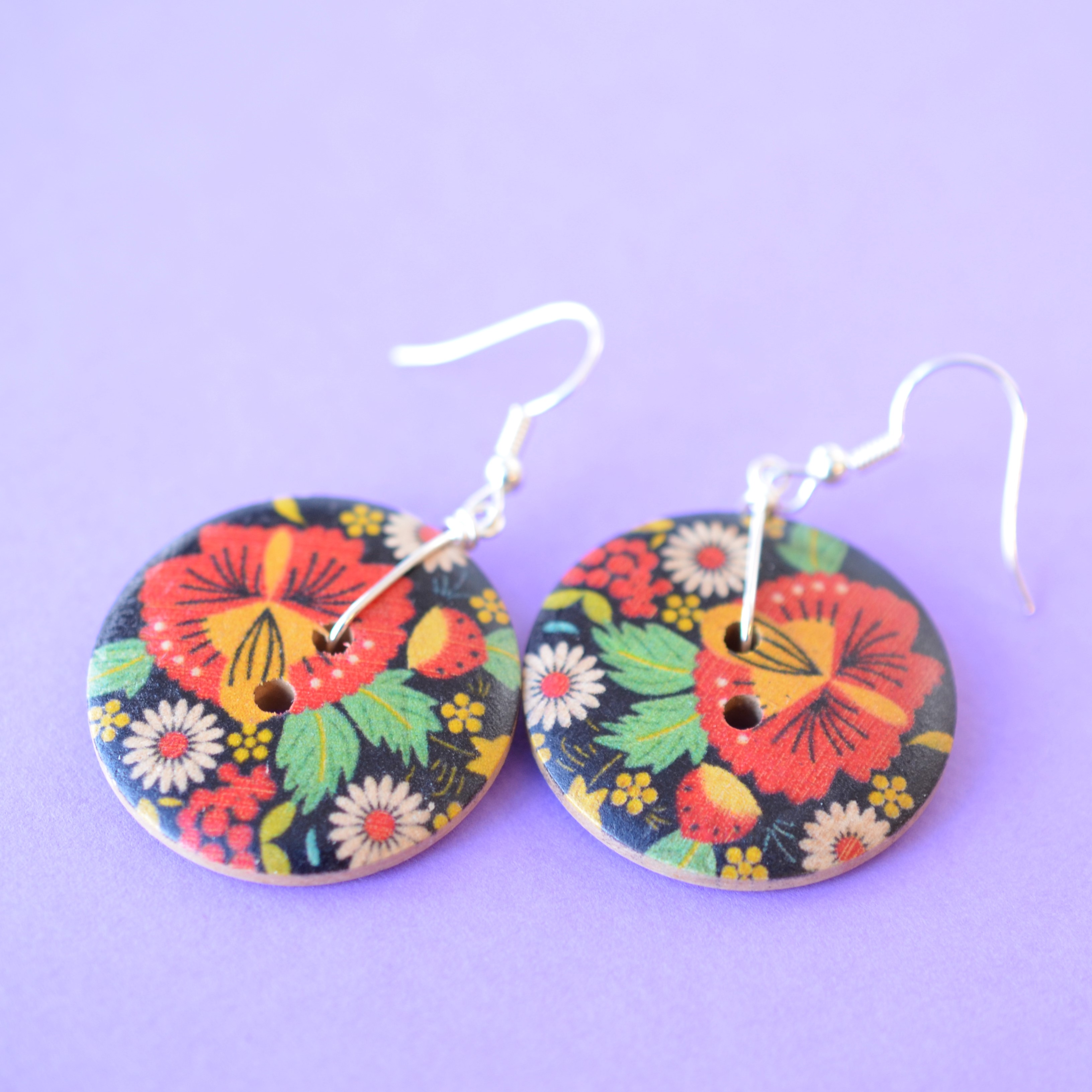 Floral Russian Folk Art Style Single Button Earrings