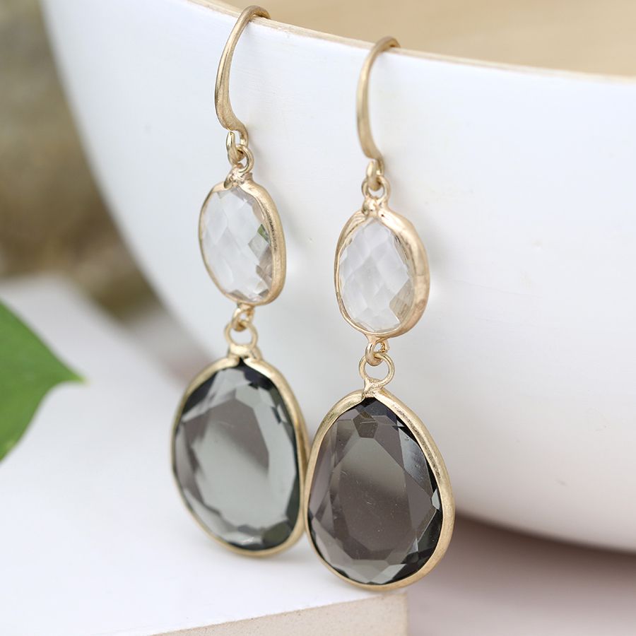 Gold Earrings with Smoky and Clear Crystal Drops