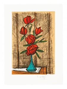 Bernard Buffet - Bouquet de cinq roses au vase bleu