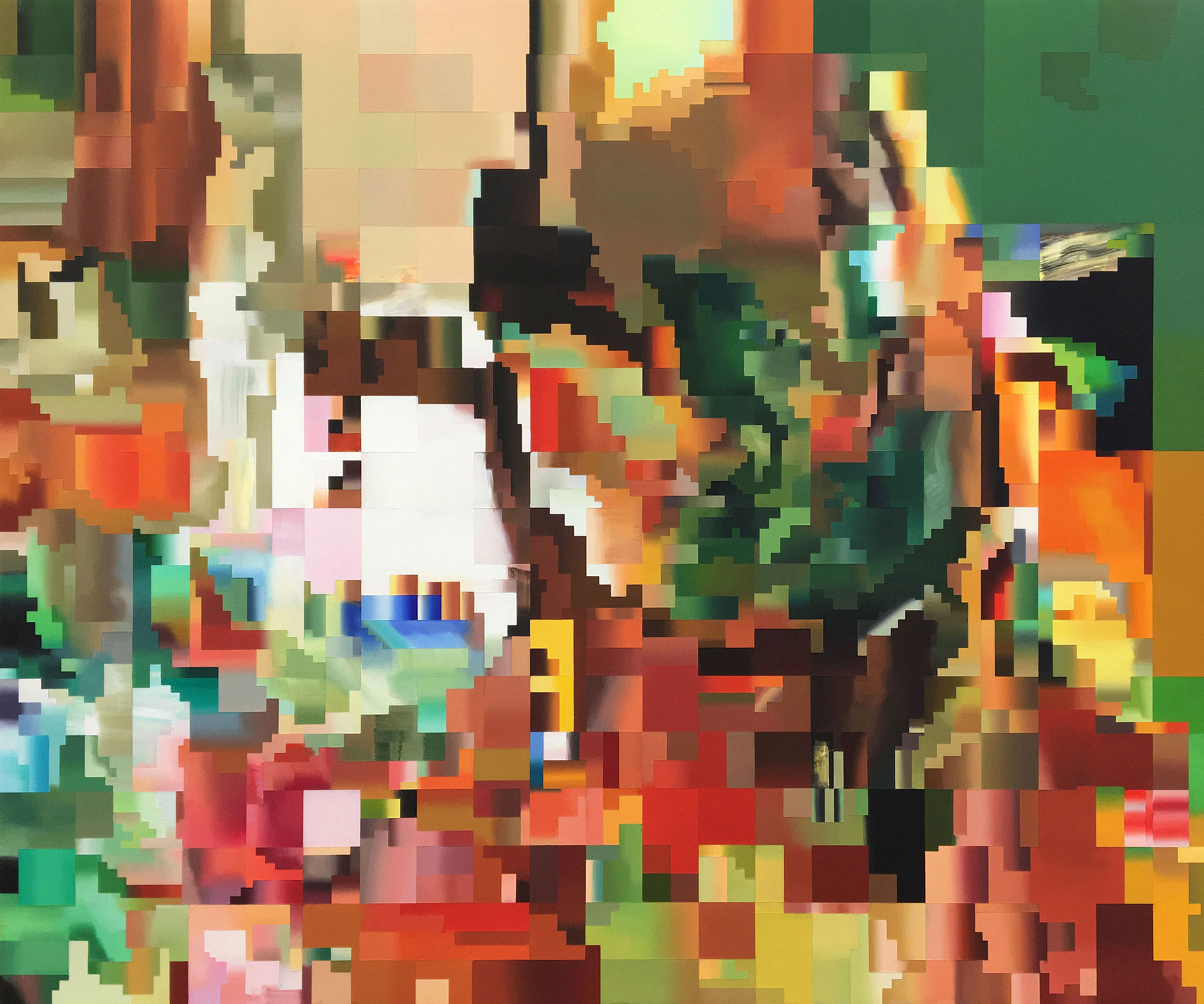 Oil painting by artist and painter Paul Lemmon in bright colours of green, red and gold depicting a pixelated frame from a glitched digital video