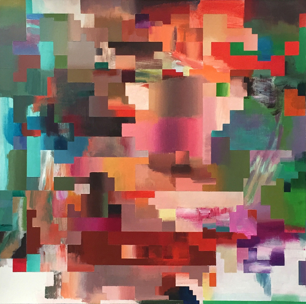 Acrylic painting on paper by artist and painter Paul Lemmon of a frame from a glitched digital video