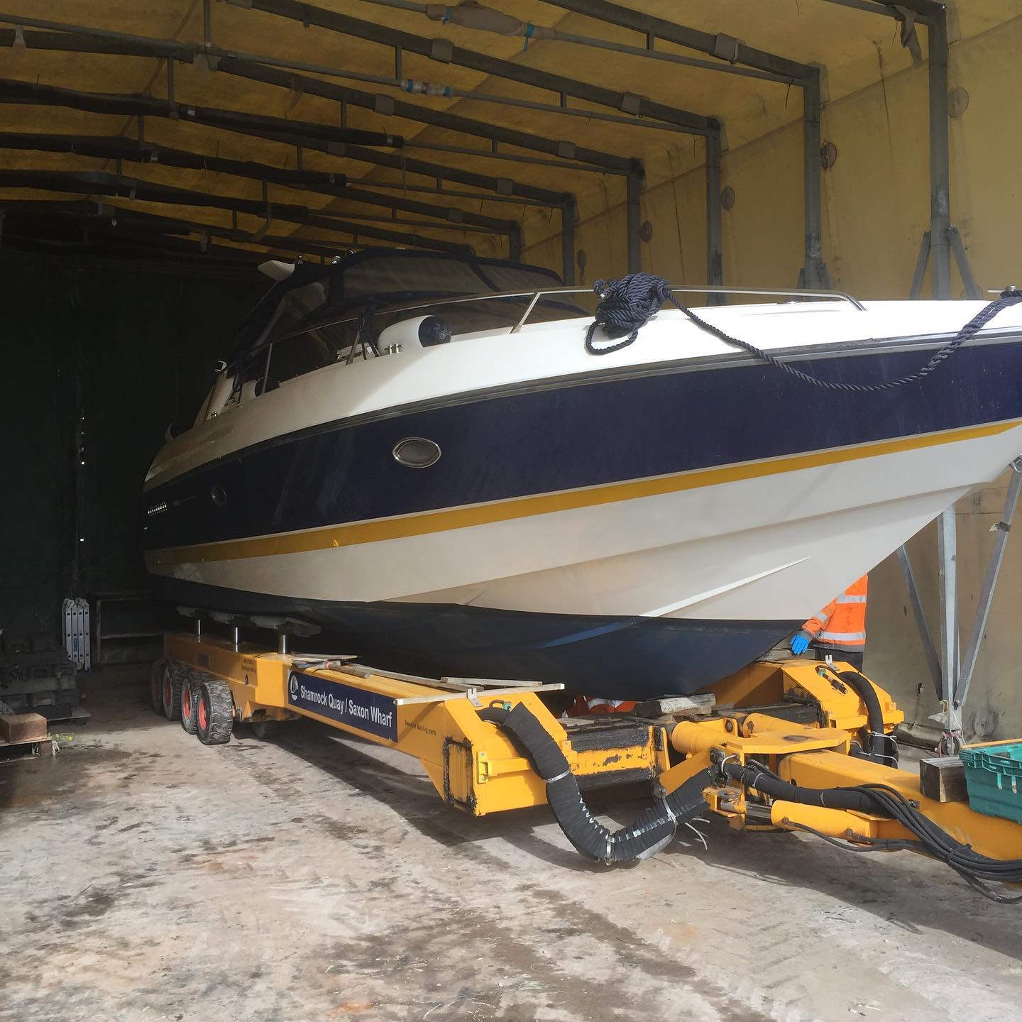 Sunseeker_Comanche_40_moving_into_work_tent_and_were_getting_ready_for_a_Refit_on_full_refurbishment_of_Windscreen_and_ajpg