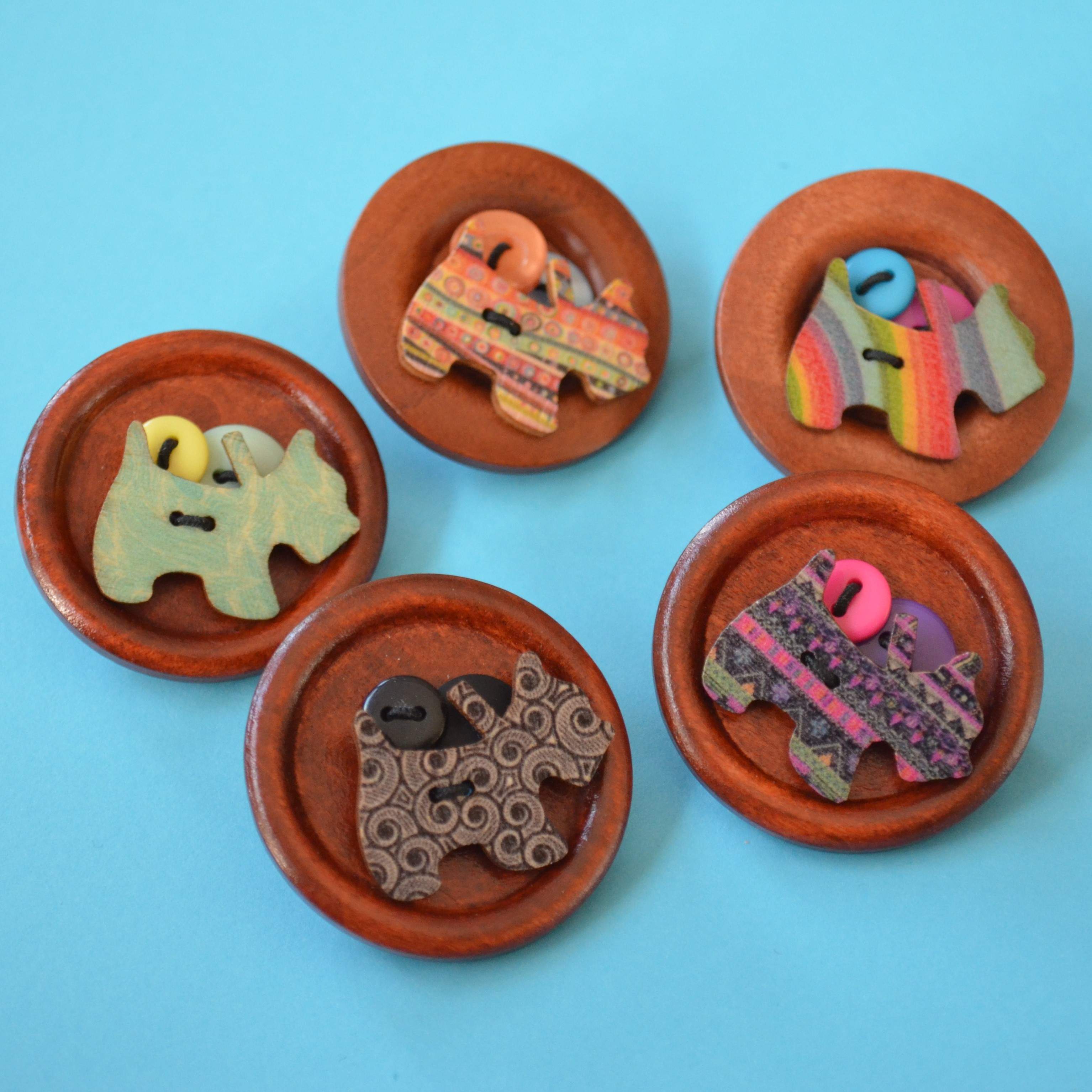 Patterned Dog Wooden Button Brooch