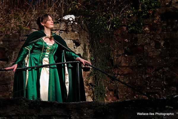 Bottle green batwing medieval dress with celtic knotwork