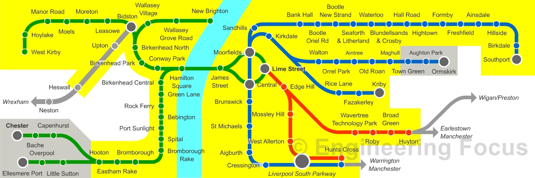 Merseyrail network map, designed to fit within on-train advertising space