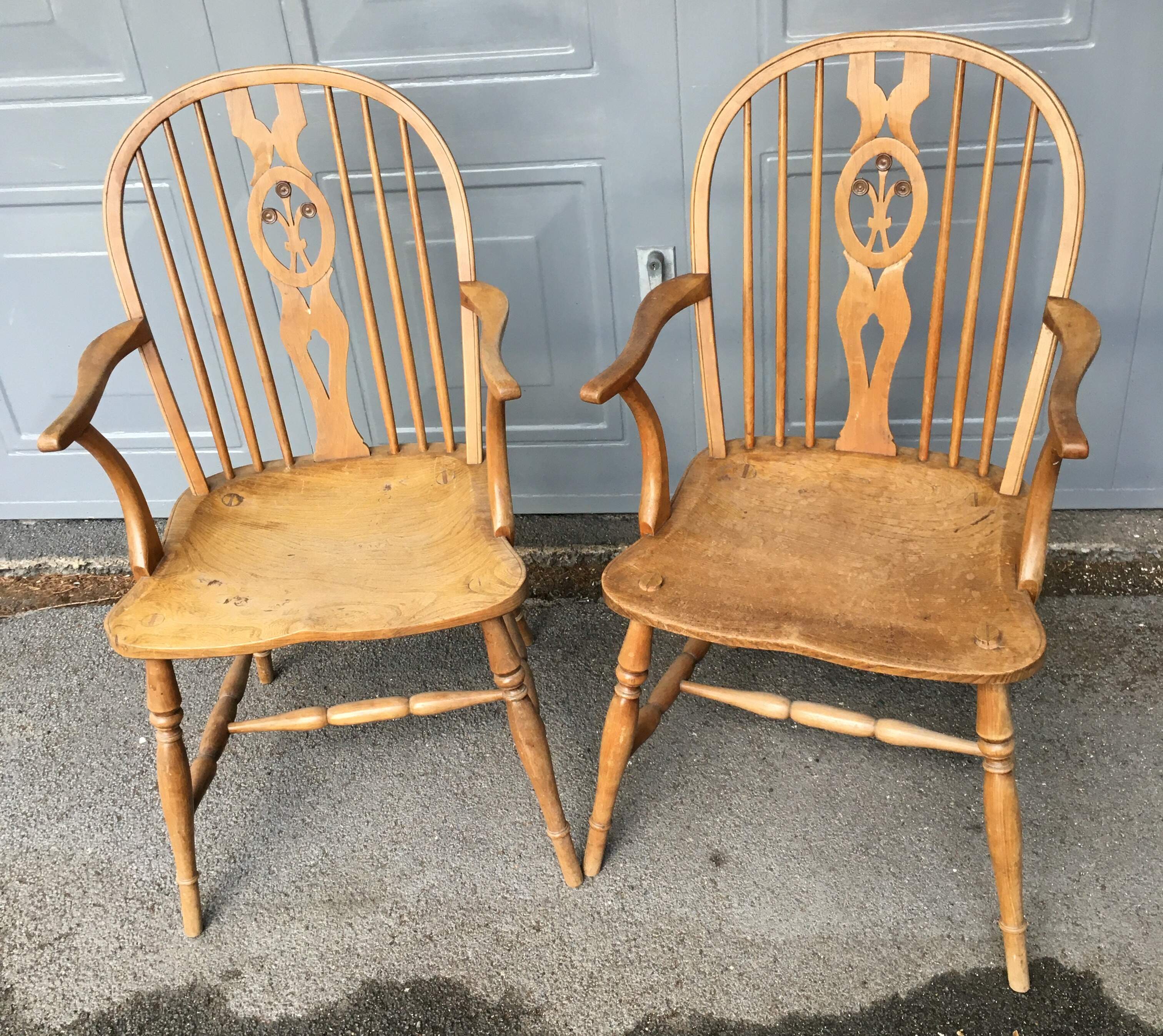 Pair of Ash and Elm Arm Chairs Prince of Wales Feathers c1900  SOLD