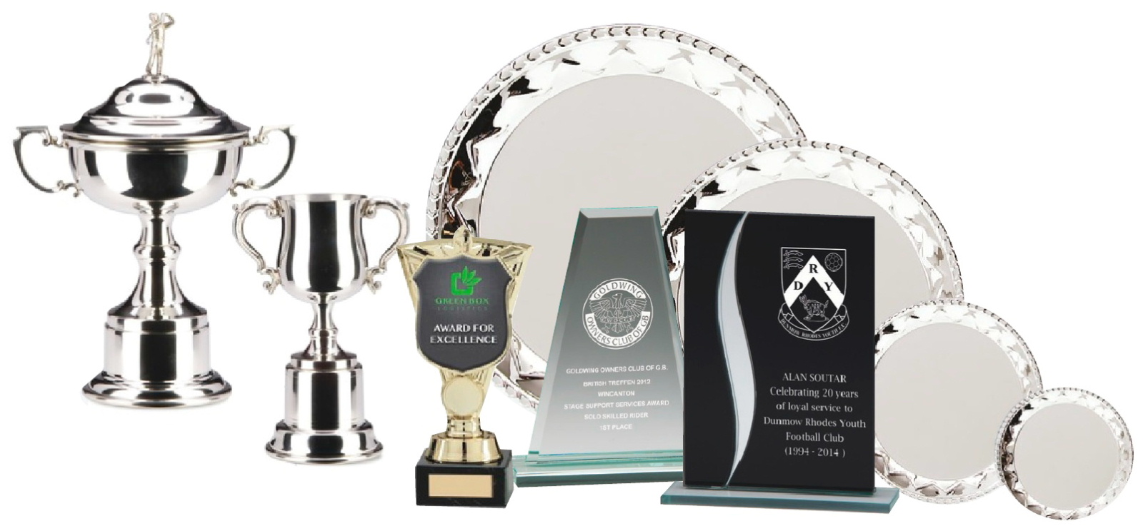 Trophy suppliers Stranraer displaying a range of cups, salvers and plaques engraved for local heroes