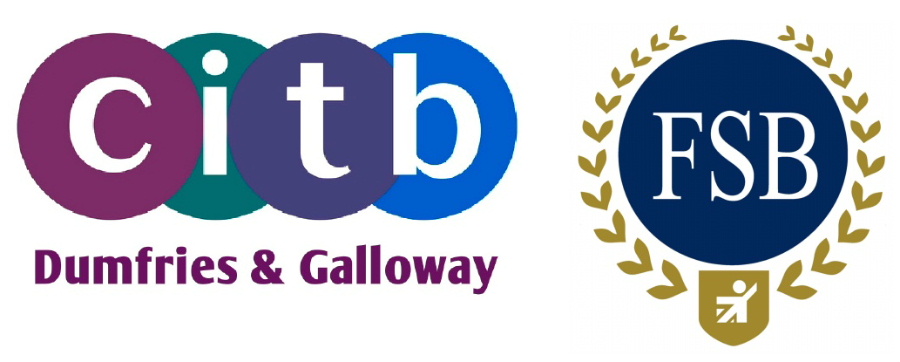 Logos of of The Dumfries and Galloway Training and Construction Group (CITB) and of the Federation of Small Businesses.