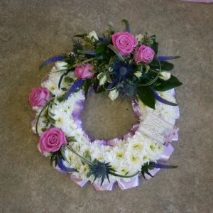 funeral wreath by flowers for you, dalbeattie, with pink roses