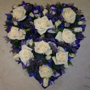 funeral wreath heart by Flowers For You, Dalbeattie, with white roses and blue  flowers