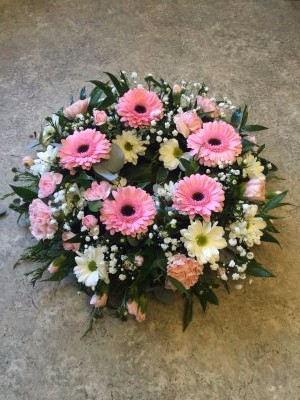funeral wreath by flowers for you, Dalbeattie, with pink gerbera