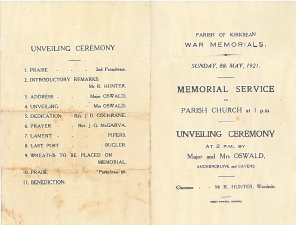 Order of service for the Parish of Kirkbean Memorial Service held on May 8th, 1921, for the unveiling of the war memorials