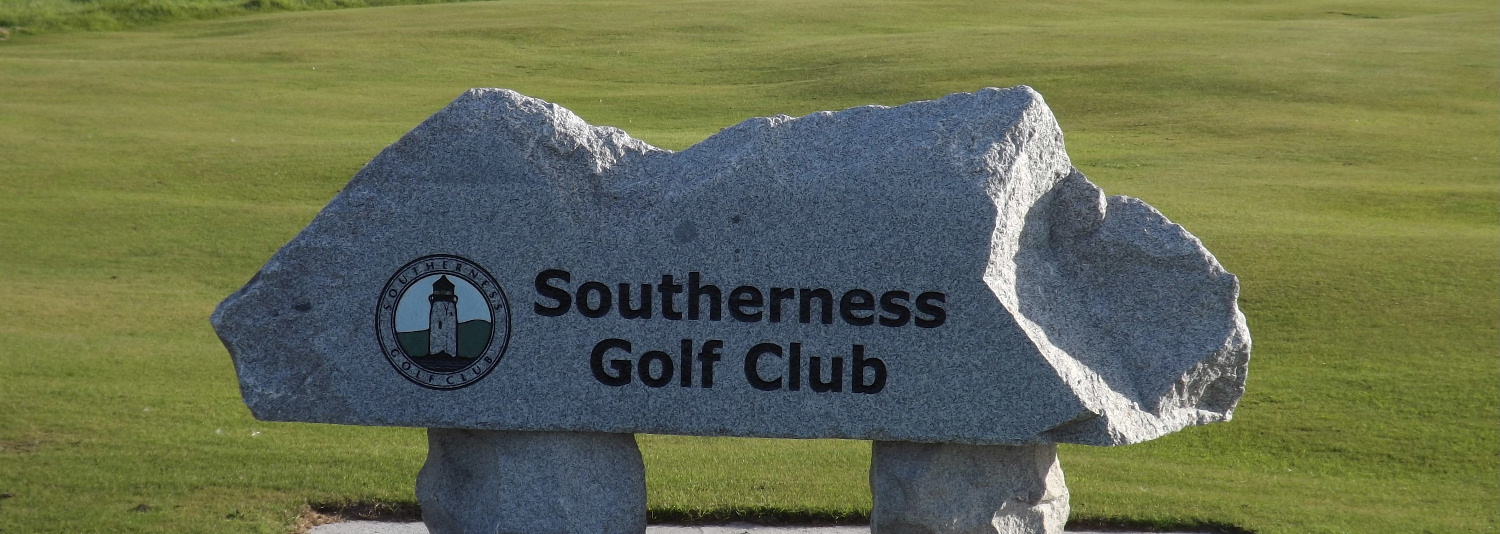The granite stone sign of the Southerness Golf Club at Southerness, Dumfries and Galloway, Scotland