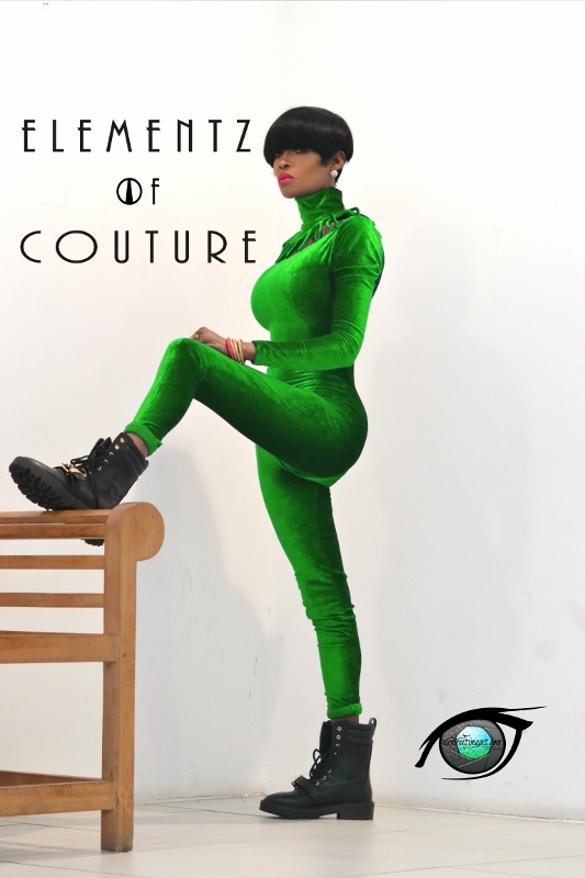 Elementz of Couture Brand Face wearing our Exclusive Brand Velvet Catsuit