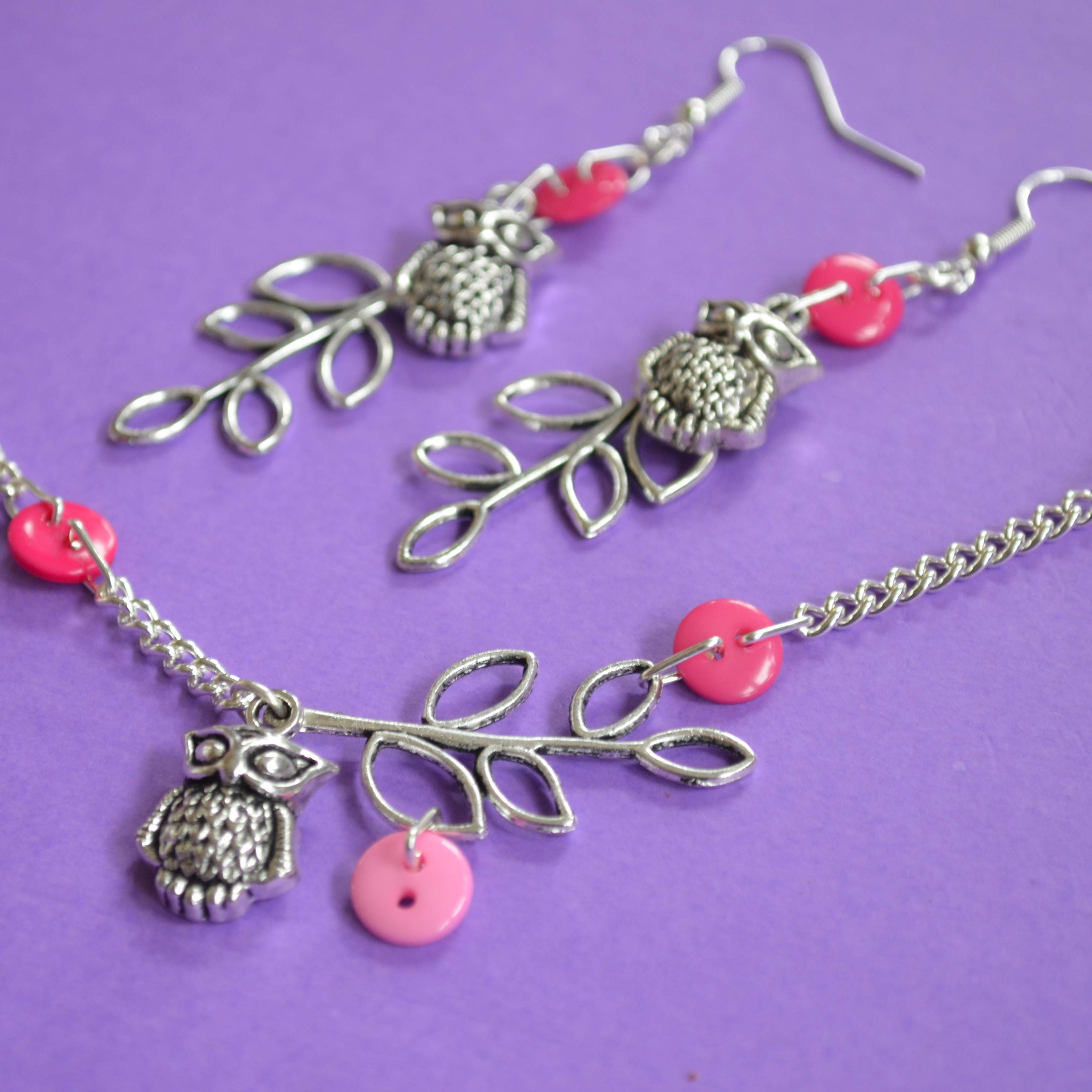 Pink Owl & Leaves Necklace