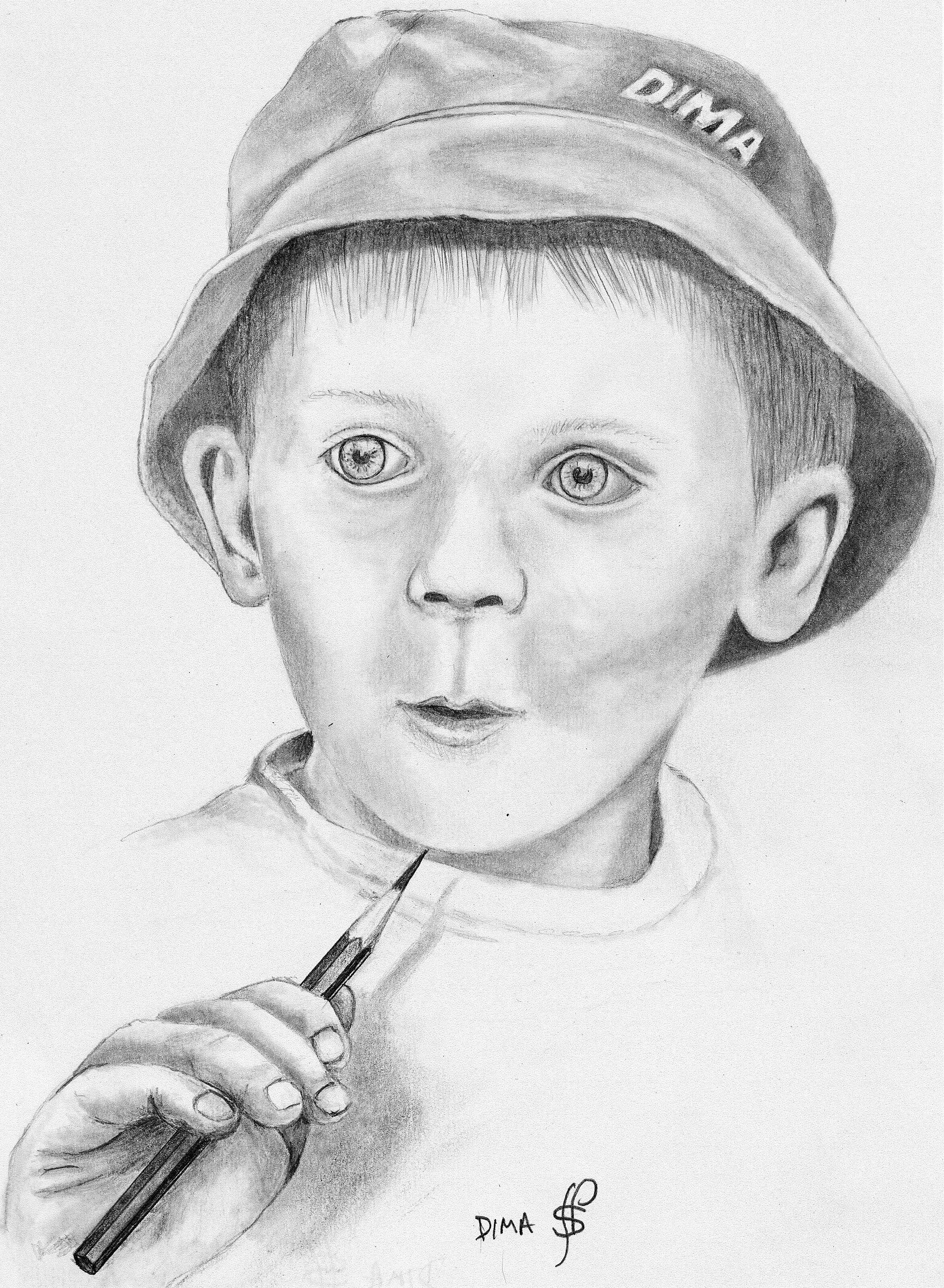 Small boy has seen something to draw. A graphite  drawing on A3 white cartridge sketch pad.